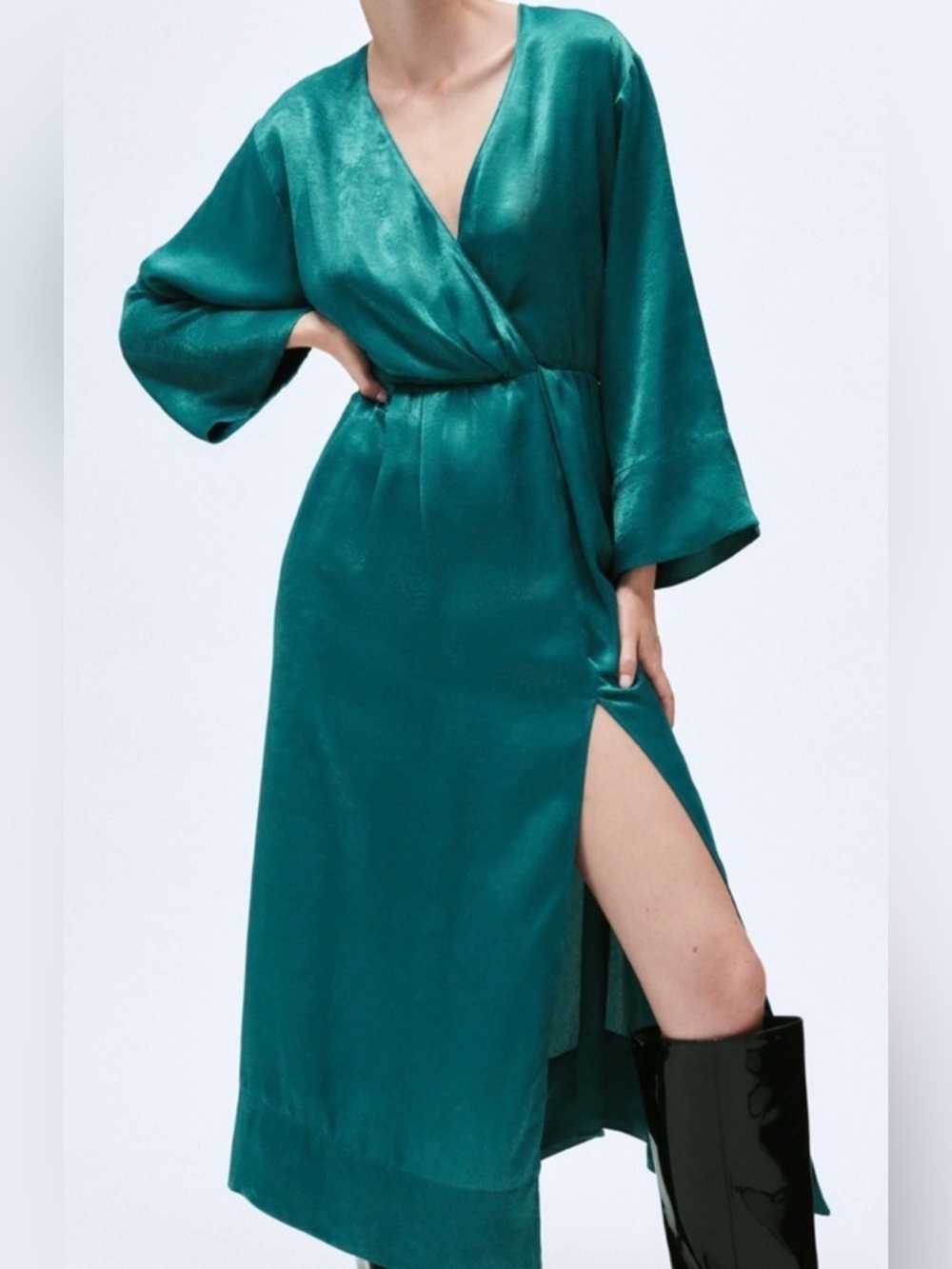 Zaraw Teal Satin-Feel Wrap Midi Dress with Leg Slit